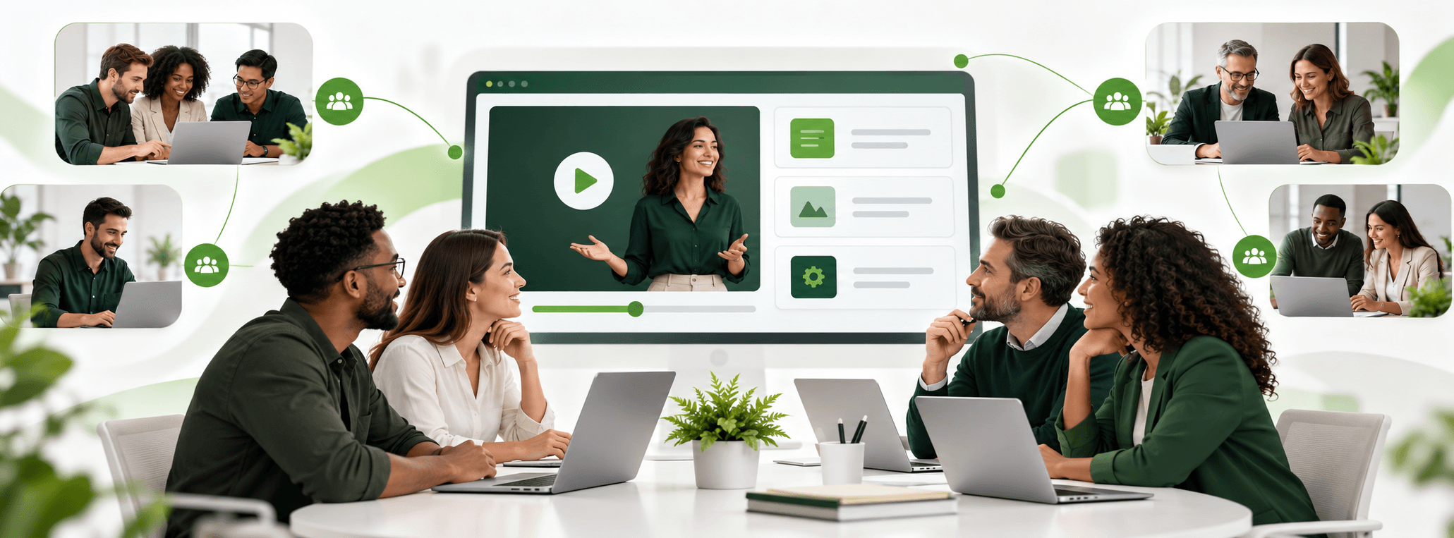 Equipe de vendas, parceiros e canais aprendendo sobre software em uma universidade corporativa digital.