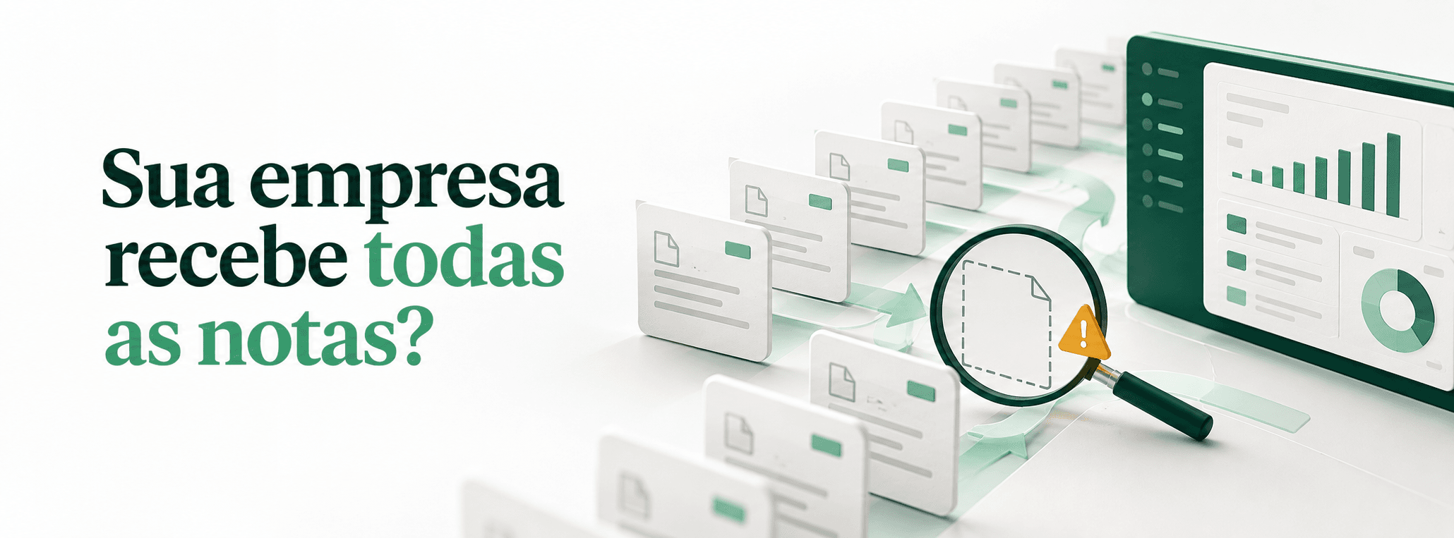 Documentos fiscais em sequência com uma lacuna destacada por uma lupa, ilustrando notas ausentes no controle da empresa.